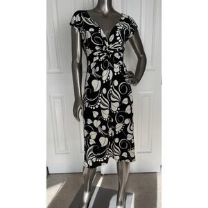 LONDON Тimes midi dress‎ short cap sleeves black / off white curlicues sz. small